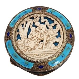 800 Silver Gold Vermeil Italian Carved Shell Mirror Comapct #18463